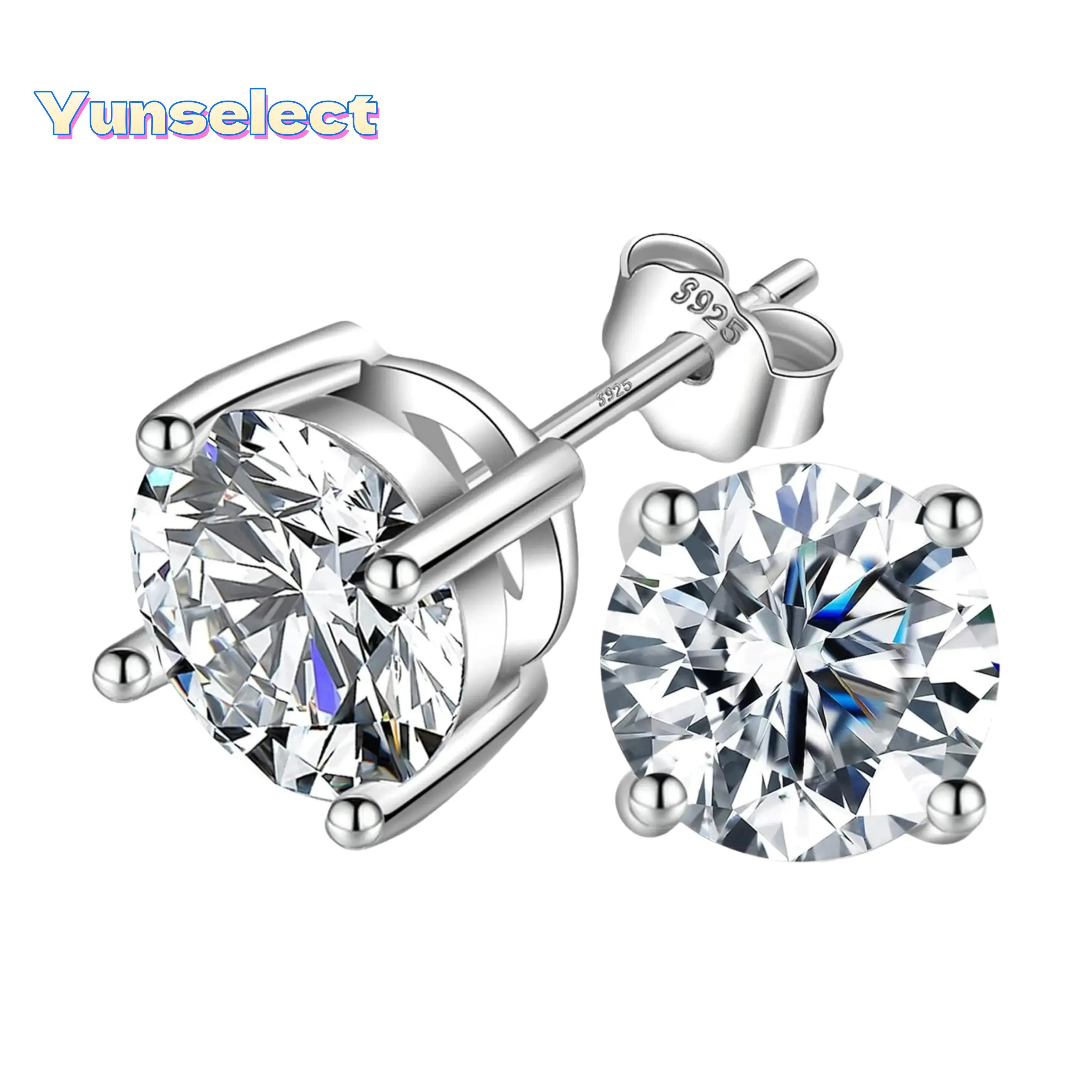 【Yunselect】18k Gold-Plated 4-Prong Round Lab-Created Moissanite Stud Earrings, S925 Sterling Silver/Copper Base, Artificial Gemstone Jewelry for Women, Ideal Birthday Wedding Engagement Gift