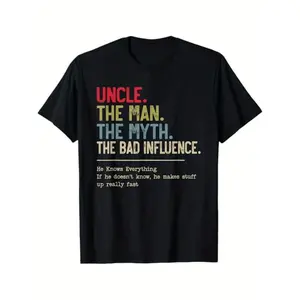 Funny Uncle Myth Funny Influence Graphic T-Shirt - "He Knows Everything, If He Doesn't Know He'll Figure It Out" - Men' & Women' Casual Round Neck Tee Suitable for Christmas Gifts, Thanksgiving, Family Events - Funny Text Design, Comfortable Holiday