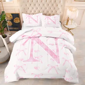 Simple Pink Bow & Letter Print Comforter Set,Includes 1 Comforter and 1-2 Unfilled Pillowcases,with Stylish Letter "N-Z" & Bow Decor,Elegant Lovely Patterned Bedding Set,Great for Bedroom,Dorm,Apartment & Girls Room Decor