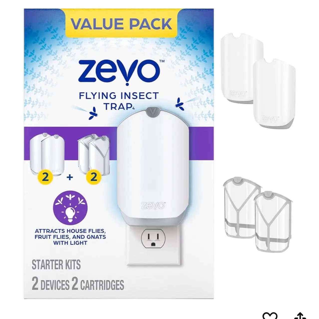 Zevo Flying Insect Trap, Fly Trap, Fruit Fly Trap (2 Plug-in Bases + 2 Refill Cartridges) Set
