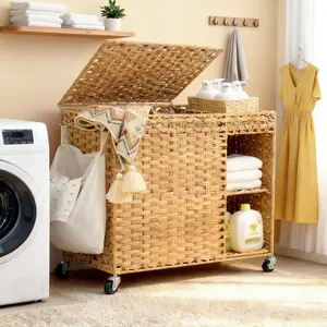 Laundry Hamper with Lid, 160L Rattan Wicker Laundry Basket with Wheels, Handwoven Laundry Hamper 2-Section with shelf(42.3 Gal), Laundry Sorter Basket with Removable Liner, Natural HLH032N
