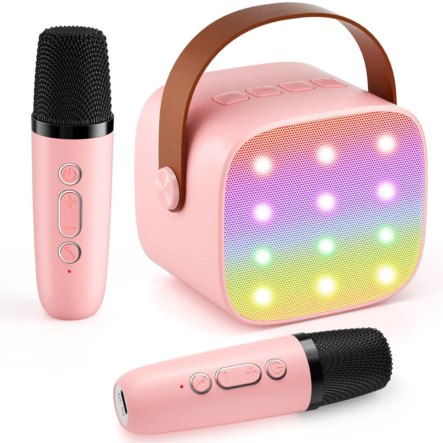 Portable Bluetooth Mini Karaoke Machine, Equipped with 2 Wireless Microphones, 5 Sound Effects, Rechargeable Speaker with LED Lights, Suitable for Children Aged 4-10 as Birthday, Family gathering, Christmas Gifts