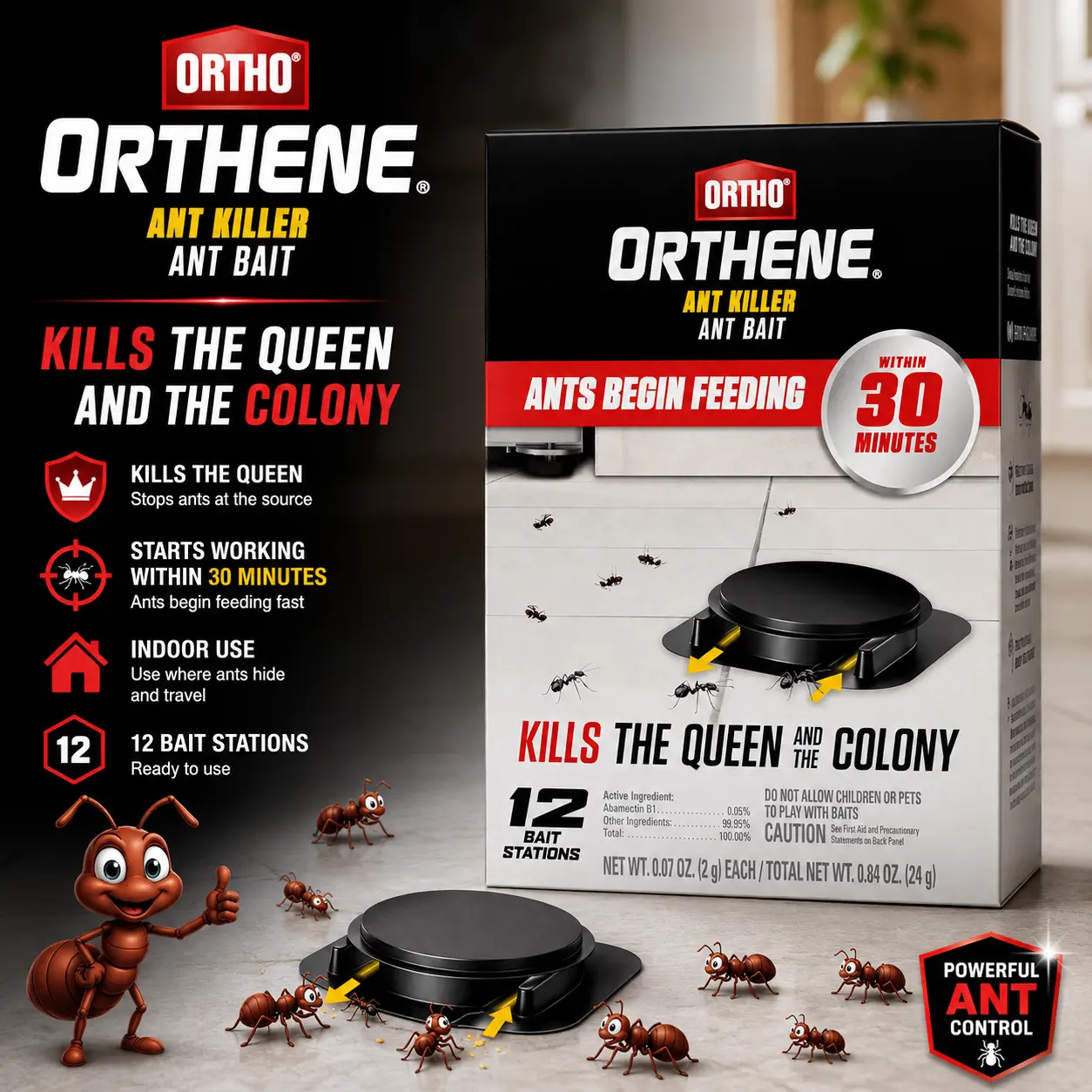 Ortho Orthene Ant Bait - Home Supplies Pest Control, Indoor Colony Eliminator (Kills Queen, Ghost & Crazy Ants) in 3-7 Days for Buildings, 12 Bait Stations