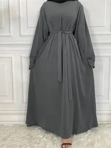 Arabic Clothing-Solid Long Sleeve Round Neck Maxi Arabian Dress with Belt, Maxidresses, Summer Outfits 2024, Modest Style Dress, Kaftan Long Dresses for Women Spring Summer Fall