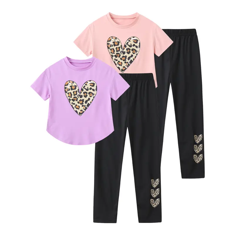 #SummerVibes 4-piece girls' summer fashion and leisure suit with peach heart and leopard print design; short-sleeved shirt and trousers with peach heart and leopard print suit; cute summer children's wear Casual Outfit Set