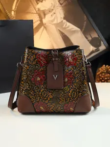Vintage Embossed Bucket Bag for Women, Large Capacity Shoulder Crossbody Bag, Traditional Style Peony Pattern, Commute Bag, Crossbody Shoulder Handbag
