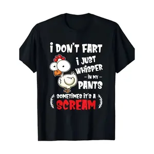 Humor Graphic Tshirt, Funny Chicken Lover Short-Sleeve Round Neck Casual Streetwear Top - "I don't fart, I just whisper in my pants", Black with Cartoon Cock Print, Vintage Style, Durable Heavy Cotton, Machine Washable, for Couples, Sports Top, Humor Grap