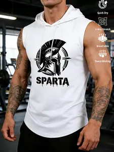 Men's Sleeveless Hooded Gym Vest, Sparta Spartan Helmet Print, Warrior Fitness Style, Quick-Dry Stretch Fabric, Breathable Vest, Sports Vest Top, Ideal for Gym Training & Sports