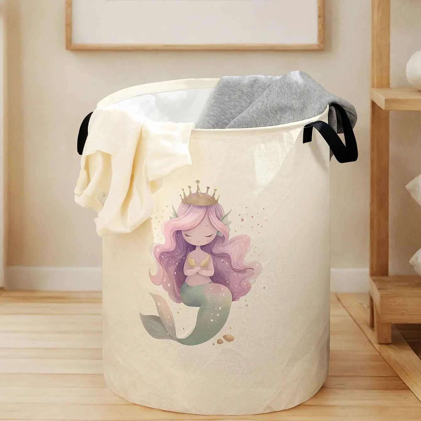 Mermaid Print Dirty Clothes Basket with Handle, Durable Foldable Laundry Hamper, Large Capacity Toy Storage Box for Home Use, Collapsible Laundry Hamper