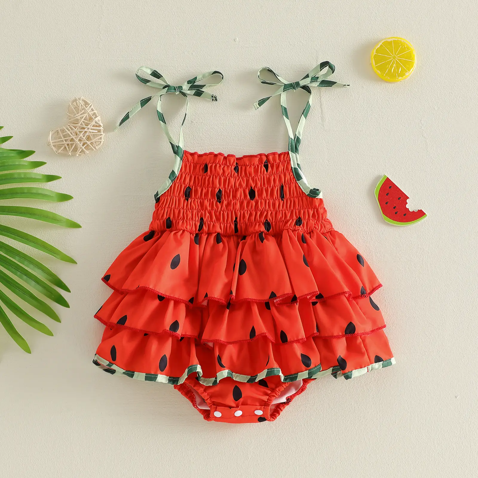 Imcute Toddler Infant Baby Girl Watermelon Romper Dress Smocked Tie Shoulder Layered Ruffled Jumpsuit Cute Summer Clothes