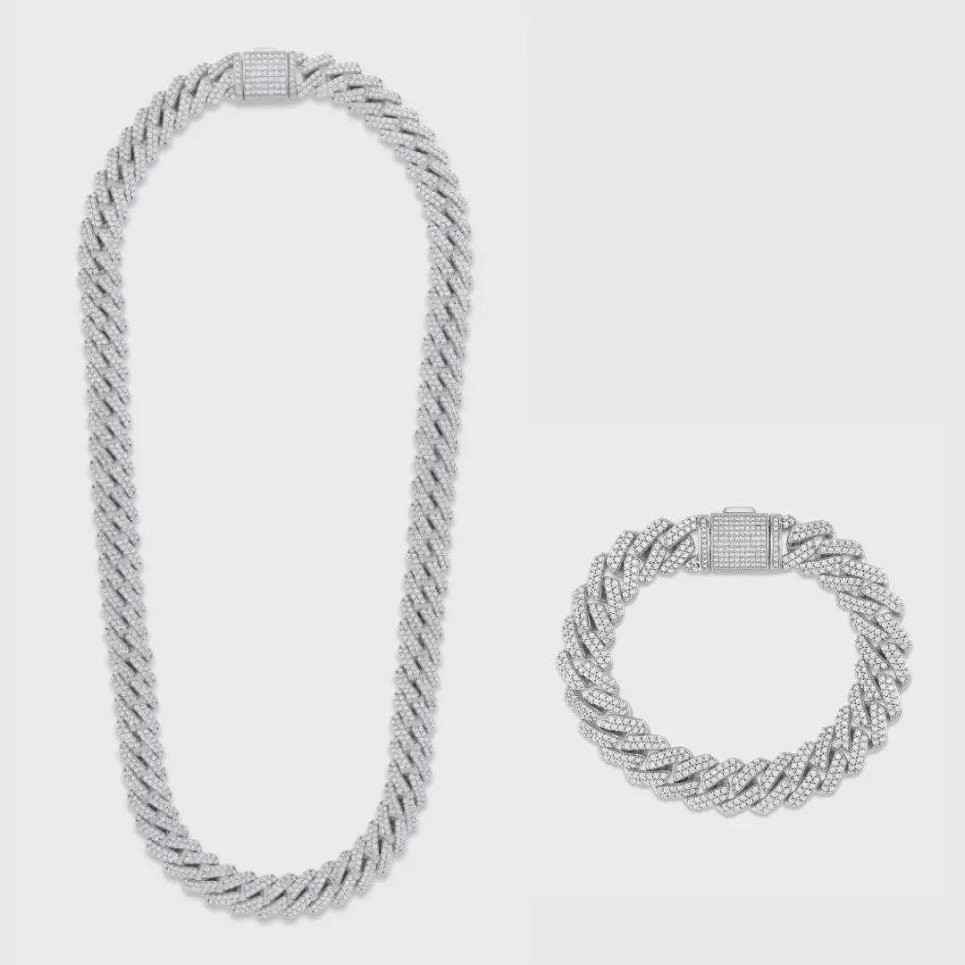 IMPERIUM JEWELRY 12mm Iced Prong Cuban Chain & Bracelet Set - Silver CZ Diamonds Links, Bold Statement Costume Piece, Gold Set Option, Women's Accessory, Gold Jewelry Sets