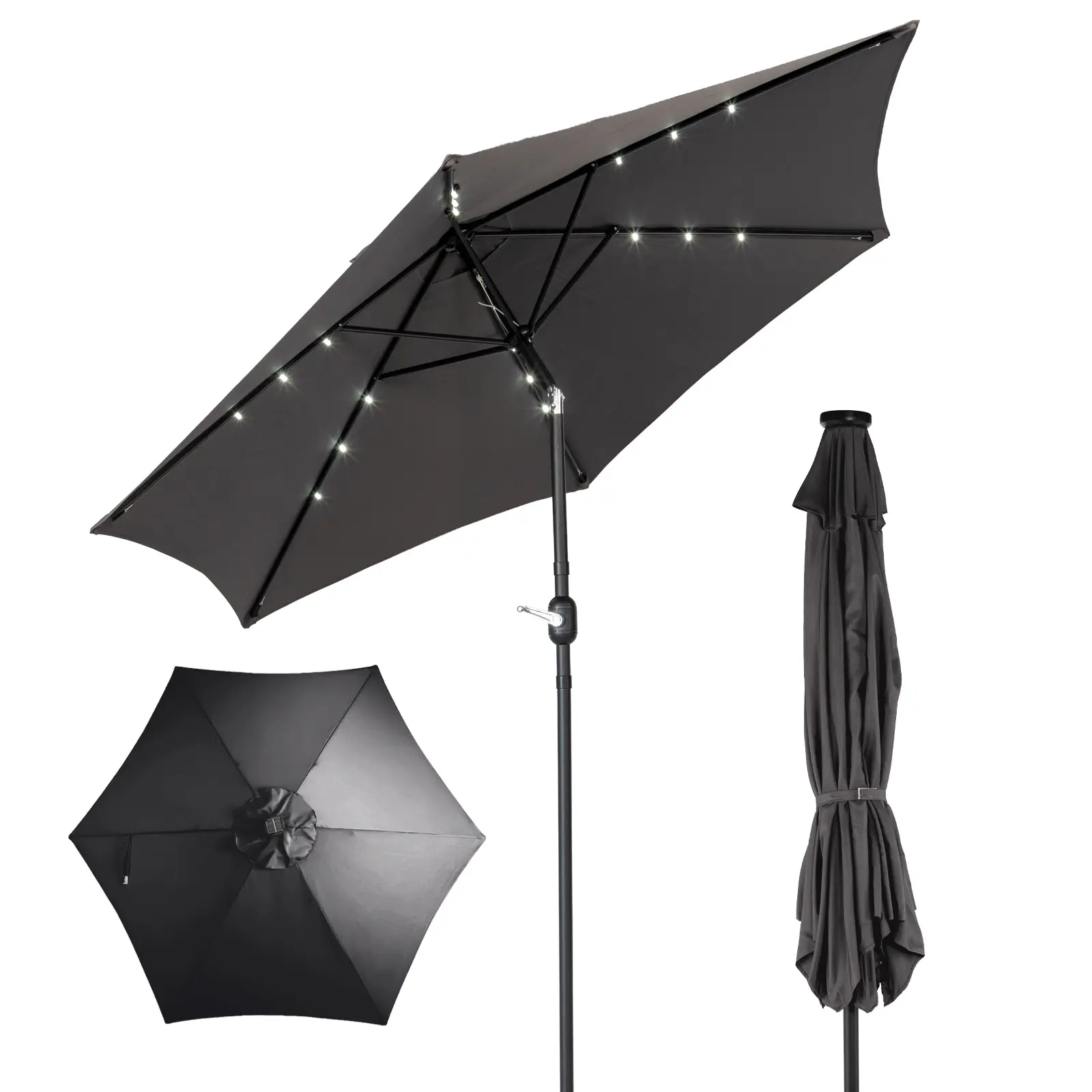 9ft Modern Polyester Large Solar-Powered Patio Umbrella with LED Lights, UPF50+ Canopy, Crank Lift & Tilt for Outdoor Spaces, Deck, Pool