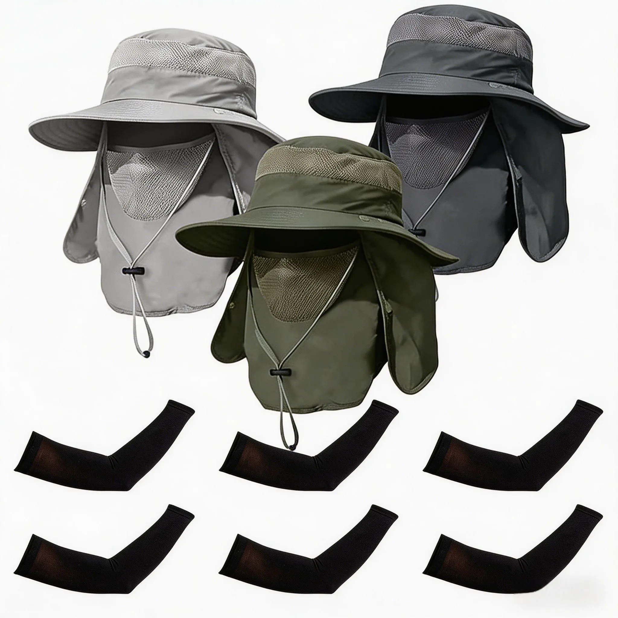 Men's 3-Pack Wide Brim Fishing Hat & 3 Pairs Arm Sleeves Motorcycle Protective Gear Kit, UPF 50+ 3.6oz Sun Shield Quick Dry Cap with Face Neck Flap for Outdoor Activity, Camping, Hiking Outdoors, Beach