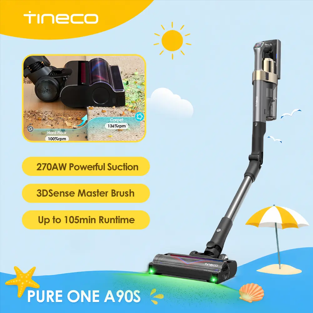 Tineco Pure ONE A90S Cordless Vacuum Cleaner, 270AW Powerful Suction, Up to 105min Runtime, 3DSense Master Brush, 150° Green LED Light, Stick Vacuum Cleaner for Pet Hair, Carpet & Hard Floor