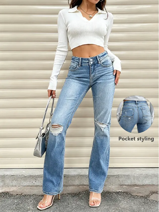 Women's New Year Fitted Vintage Retro Double-Button High-Waisted Distressed Streetwear Jeans - Light Blue Wash, Stretch Ripped Knees, Slim Crop Bootcut Full-Length Denim Pants, 1-Piece Design
