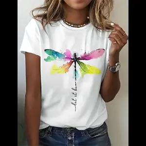[100% Cotton] Women'S Fashion Casual White Tee, Dragonfly Art With Inspirational Quote, Short-Sleeved Round Neck T-Shirt, Summer Style Top T-Shirt For Men And Women