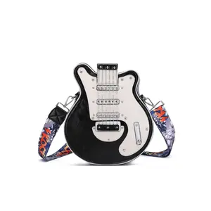 Rock Star Guitar Shaped Bag – Black & Wine Red Novelty Crossbody Bag with Wide Graffiti Strap – Fun Music Festival & Party Purse