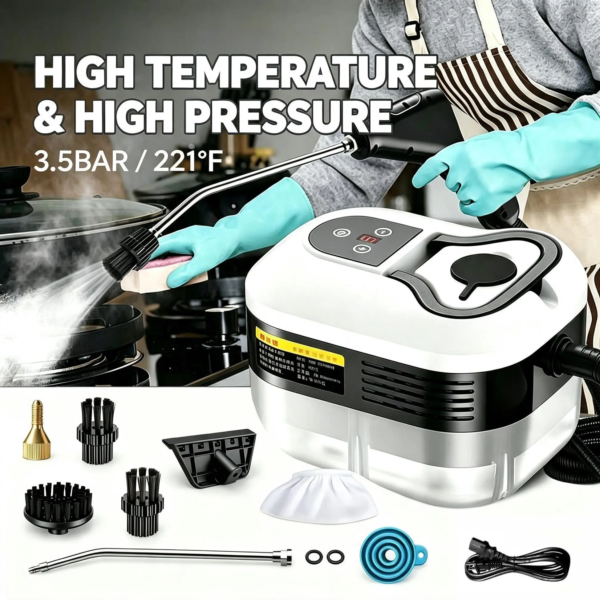Handheld Steam Cleaner with Extension Rod & Long Hose, 2500W High-Pressure Pressurized Steamer, 1200ml Water Tank, 6-Level Adjustable, 15s Fast Heat-Up, 10pcs Accessories, Ideal for Window Glass, Sofa Upholstery and Mattress