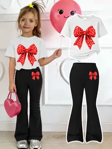 Girls' Y2K Sweet Cool Vintage Summer Two-Piece Set, Heart Bow Print T-Shirt & Fashion Bell Bottoms, Comfortable Breathable Casual Pants