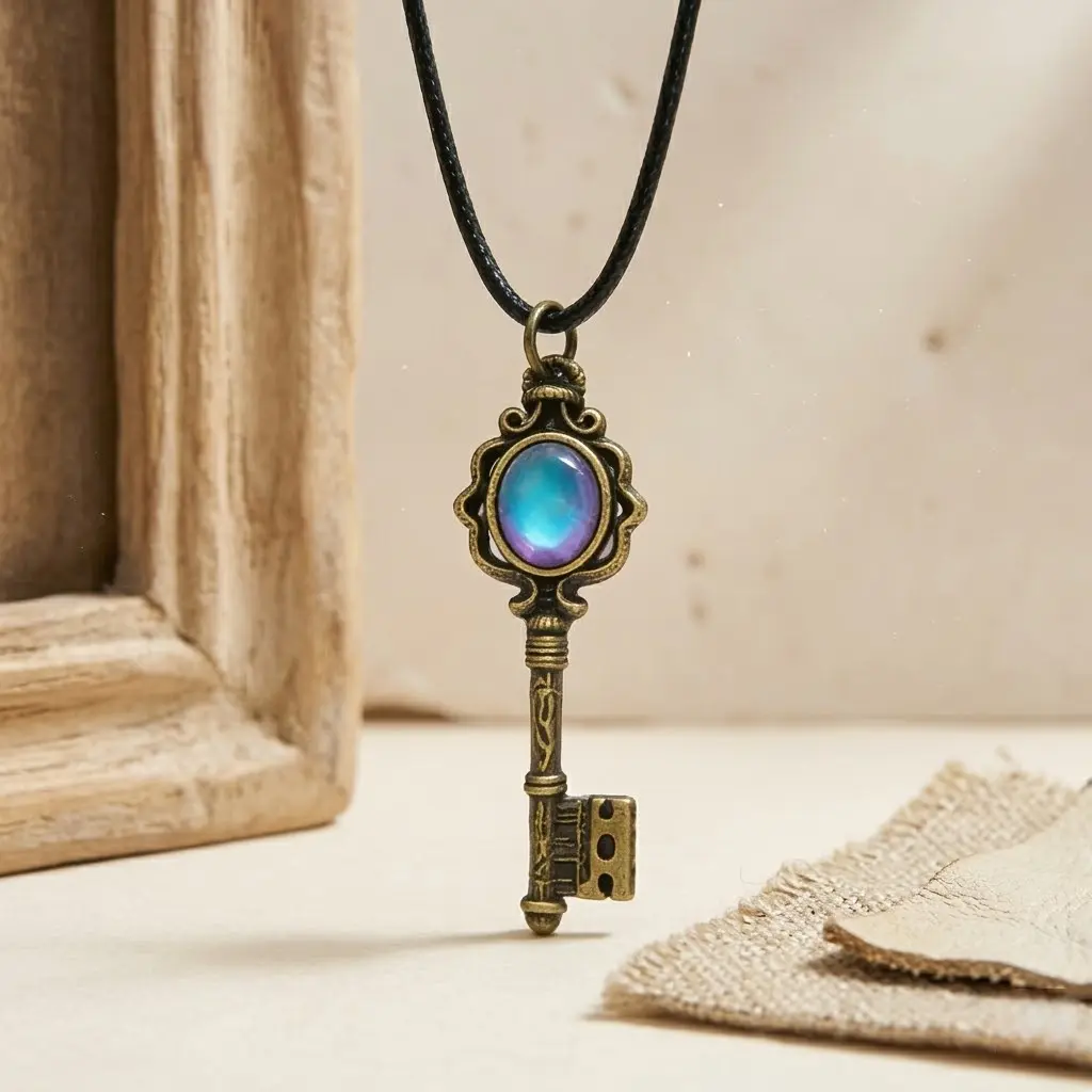 Key Shape Witchy Necklace - Gothic Boho Divine Feminine Style, Adjustable Solid Copper Antiqued Bronze Finish, Color-Shifting Fluorite Chakra Amulet, Reiki Master Healing Energy Unisex Vintage Petite Pendant, Daily Wear Jewelry Gift, Witchy Jewelry, Amule