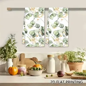 2Pcs Watercolor Eucalyptus & Gold Leaf Dishcloth, Elegant Botanical Cleaning Cloth, Sage Green Reusable Kitchen Towel