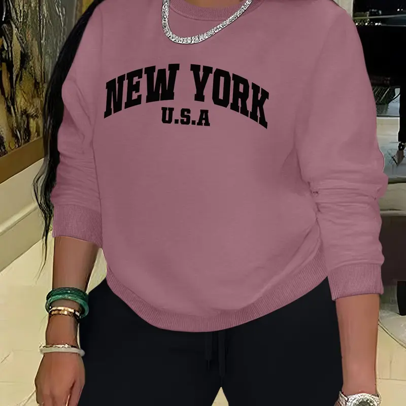 Women's Letter Print Drop Shoulder Sweatshirt, Casual Everyday Long Sleeve Round Neck Pullover Fit for Fall & Winter, Ladies Clothes for Daily Athletic Sports and Outdoor Activities Wear
