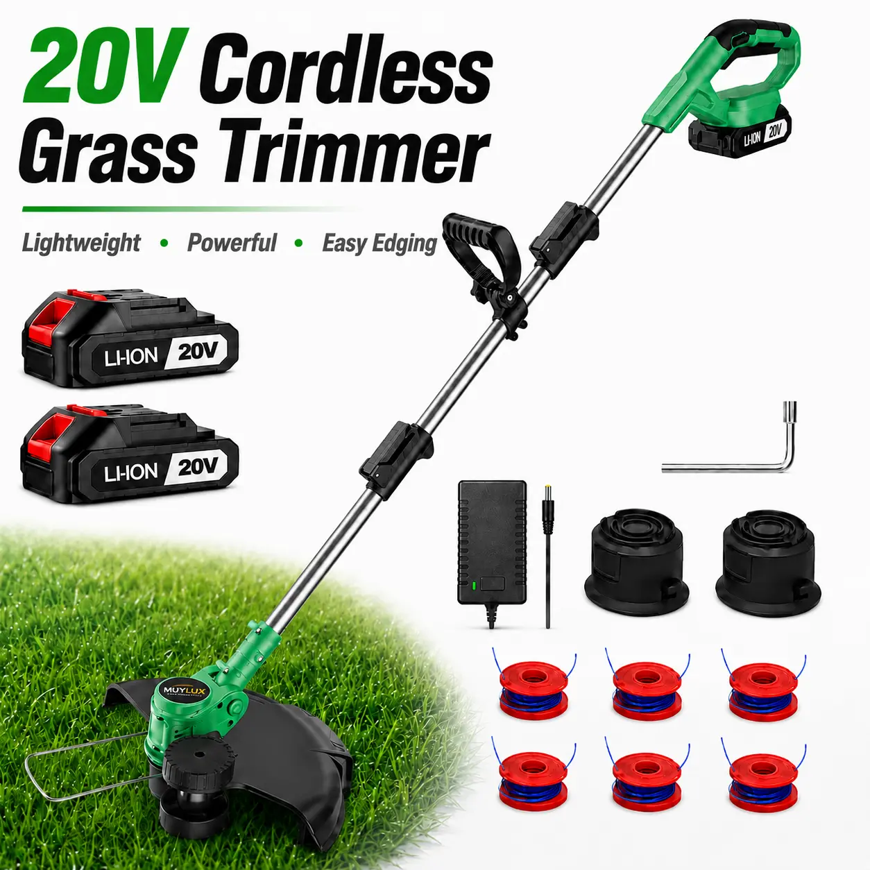 20V Cordless Grass Trimmer, Electric Weed Eater, Lawn Edger, Lightweight Garden Trimmer, 3-Section Foldable Extension Shaft for Easy Storage, Dual Battery Trimmer Kit, Replacement Line Spools, Yard Trimming, Lawn Care, Home Garden Use