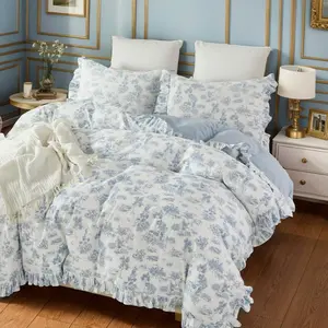 Country Toile  Duvet Cover Set for Girl Women Bedroom  Blue Toile Floral Print   Duvet Quilt Comforter Cover Pillow Shams Set with Delicate Ruffle Fringe