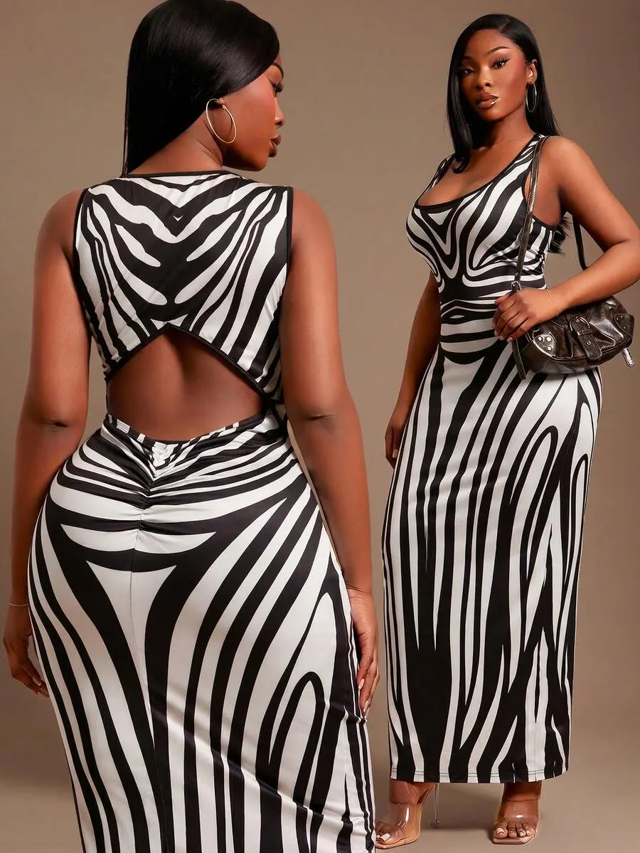 Elegant Plus Size White Long Zebra Pattern Bodycon Dress With Open Back Detail Vacation Summer Party