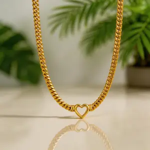 Trendy Stainless Steel Flat Chain Necklace with Hollow Out Heart Pendant & Matching Bracelet Set for Women