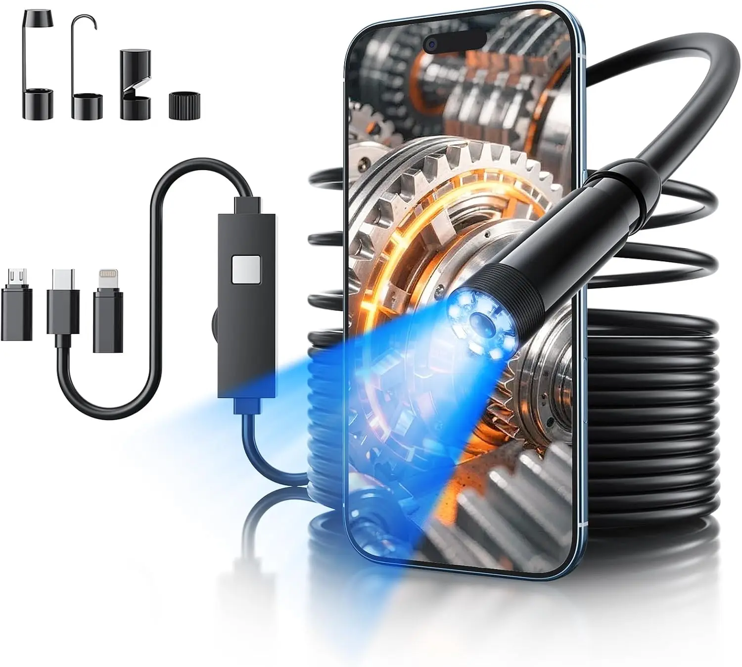 Endoscope Camera with Light,1920P HD Borescope Tools 16.4FT Semi-Rigid Borescope Camera with LED Lights, 3-in-1 Lightning USB-C Micro USB Connector for iPhone Android, Vehicle, Pipe and Home Inspection