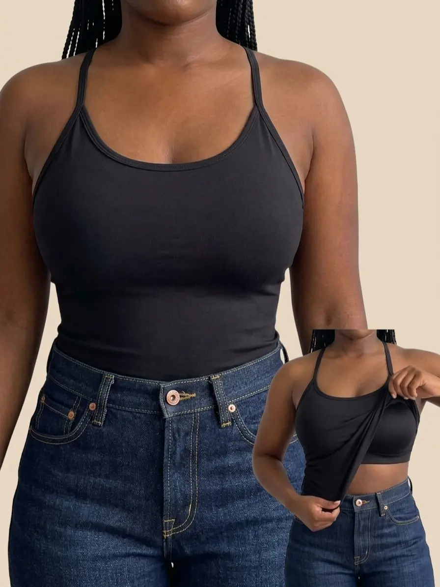 Sculpt Touch Support Racerback Tank Tops – Round Neck with Built-in Shelf Bra Sleeveless Light Support Fitted Basic Cami Shirts