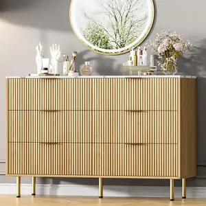 Brown Fluted Wood 6 Drawers Dresser for Bedroom - Large Modern Chest of Drawers - Natural Dresser with Gold Handle - Wood Drawer Organizer for Bedroom/Living Room/Hallway/Entryway