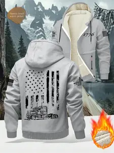Men's Winter Fleece Lined Hoodie Jacket, Fashionable Simple Letter Car Flag Print, Zipper Pocket Design, Soft Comfort Warm Inner Layer
