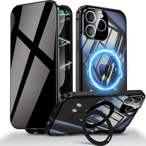 Magnetic Double-Sided Glass Privacy Phone Case, Suitable for iPhone 12,13,14,15 and 16 Pro Max Plus, with Safety Lock and Compatibility with MagSafe, with Bracket and Camera Lens Protection.