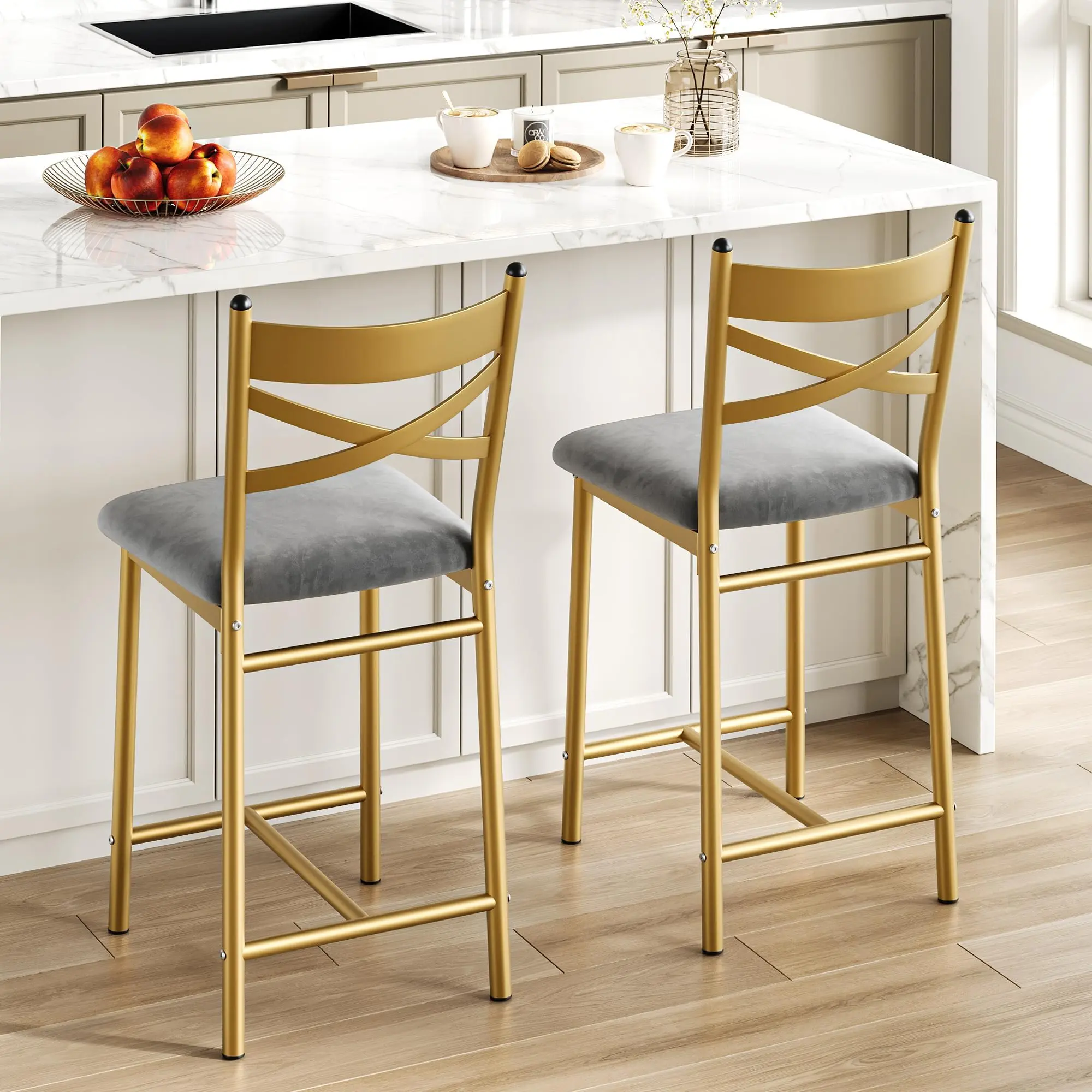 Garvee 26" Counter Height Bar Stools Set of 2 with PU Upholstered Seats, Metal Frames, X-Design Backrests, and Footrests for Kitchen Island, Counter Bar, and Dining Room in Elegant Gold,dorm essentials,home decor
