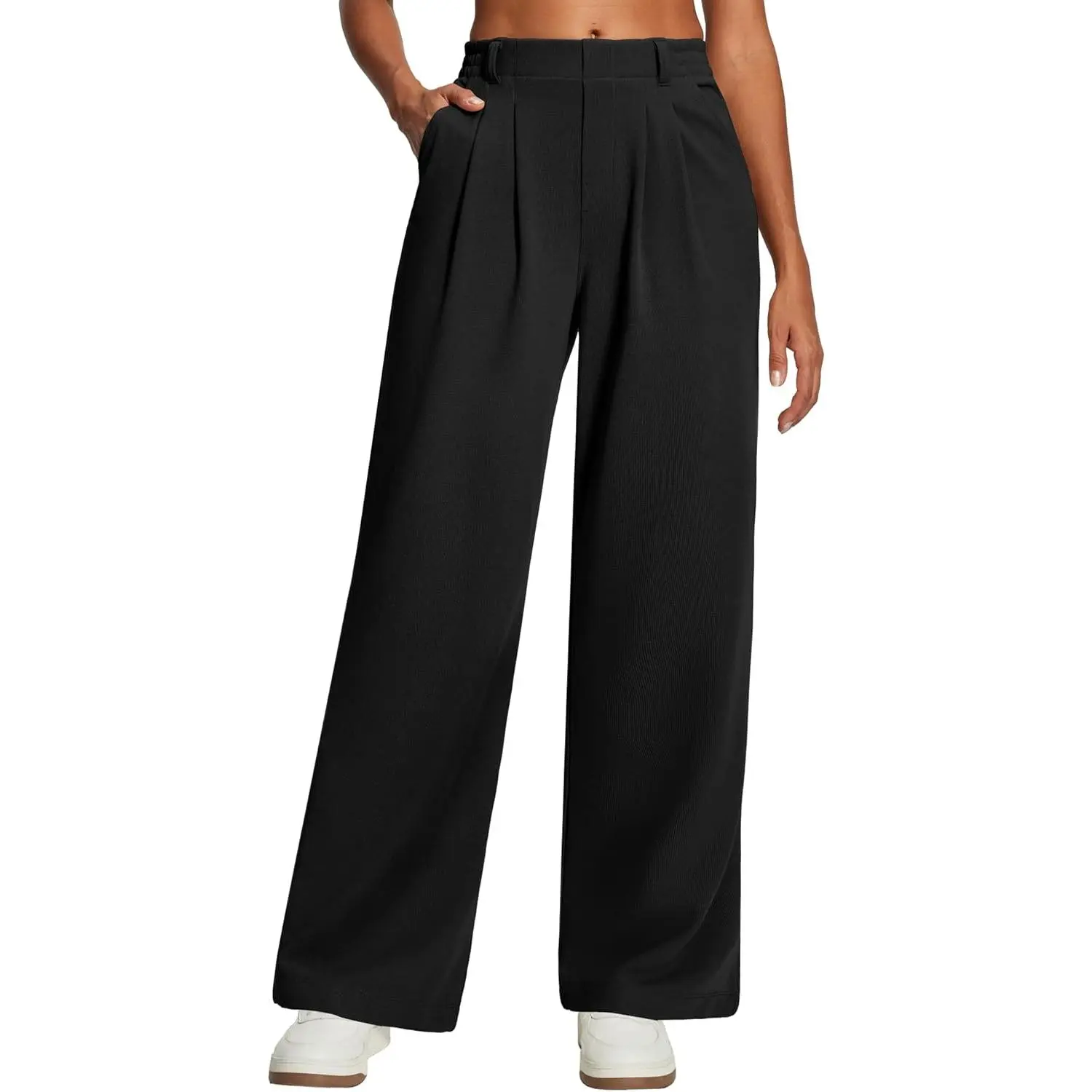 Women's High-Waisted Stretchy Wide-Leg Waffle Mesh Work Pants - Slip-On, Comfortable Day Business Casual Trousers, Everyday