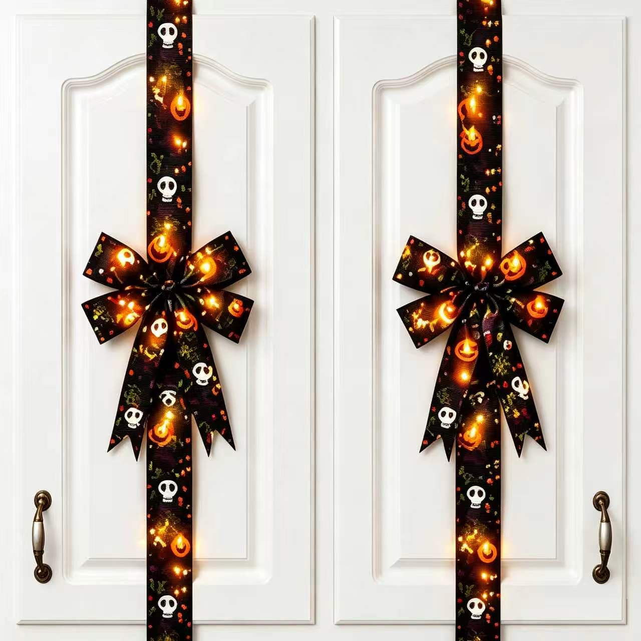 Spooky Halloween Cabinet Door Fringe Wreath with Lime Red Large Bow, 79x2.4 Inches Lightweight Polyester Fiber Door Decor, No Batteries Needed Festive Home Decoration, Magical