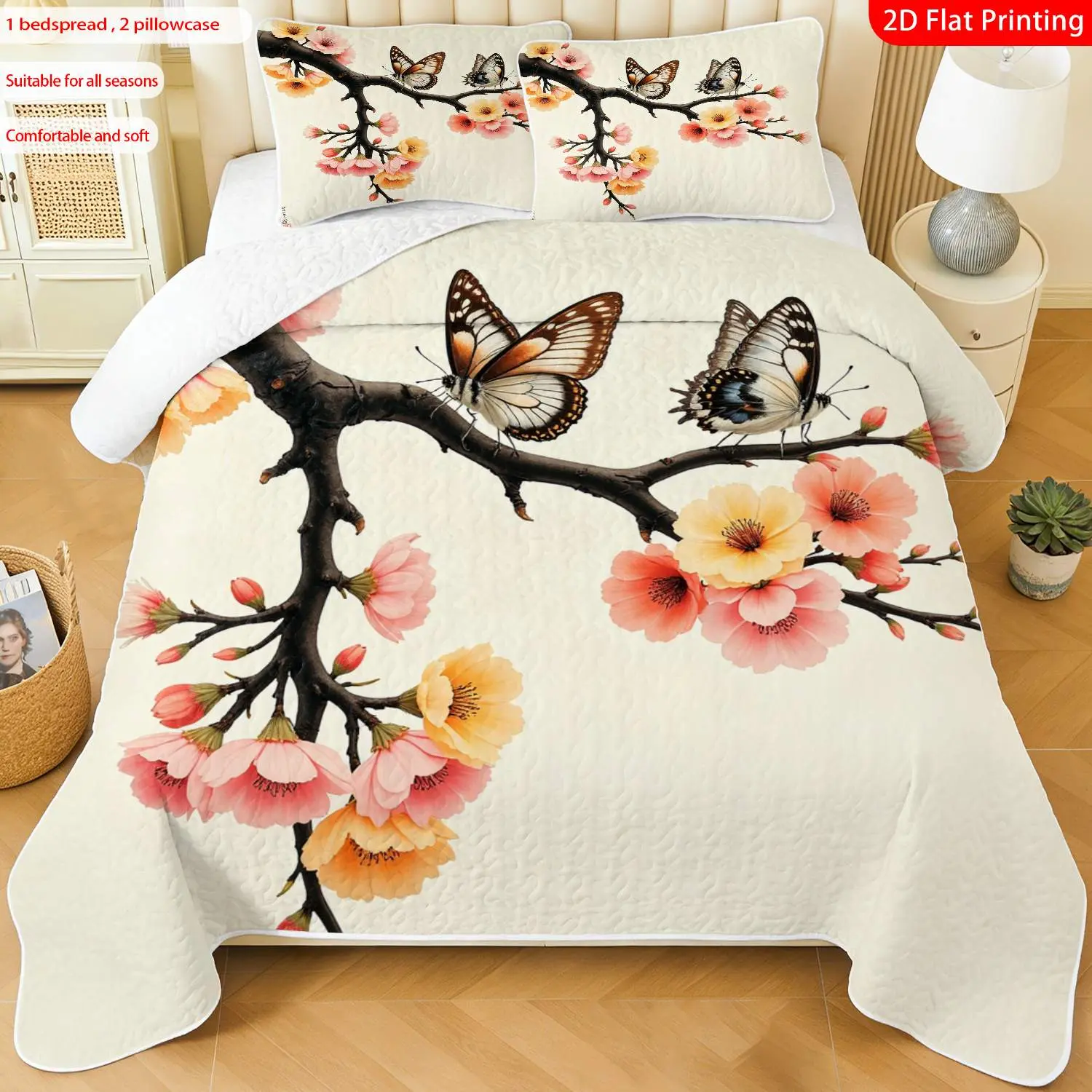 3 pcs, 2D Flat Print Cherry Blossom & Butterfly Pattern Bedspread Set, Soft and Comfortable, Multiple Sizes Available, Suitable for Gifting and Daily Use, Ideal for Creating a Cozy Home Atmosphere, Soft Bedding Set, Bed Sets(1 bedspread , 2 pillowcases)