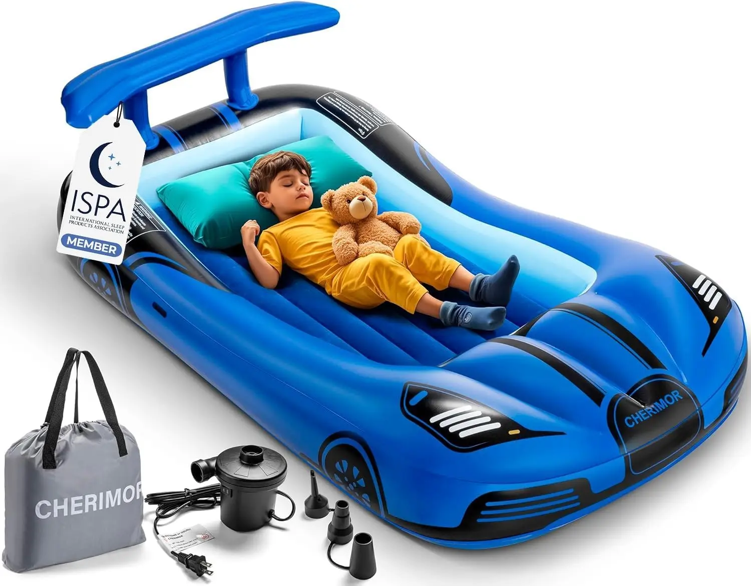 Inflatable Toddler Travel Bed with 4 Safety Bumpers & Auto Pump | 2-Minute 1-Touch Inflation, 330 lbs Capacity, Included Carry Bag, Portable & Easy to Store for Travel Sleepovers & Grandma’s House