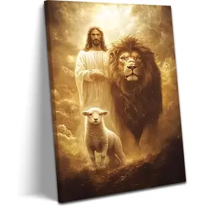 Framed Jesus Lion and Lamb Canvas Wall Art Gold Christian Posters Prints Inspiring Religion Paintings Artwork Lion of Judah Church Wall Decor Painting for Living Room Bedroom Prayer Room Decoration