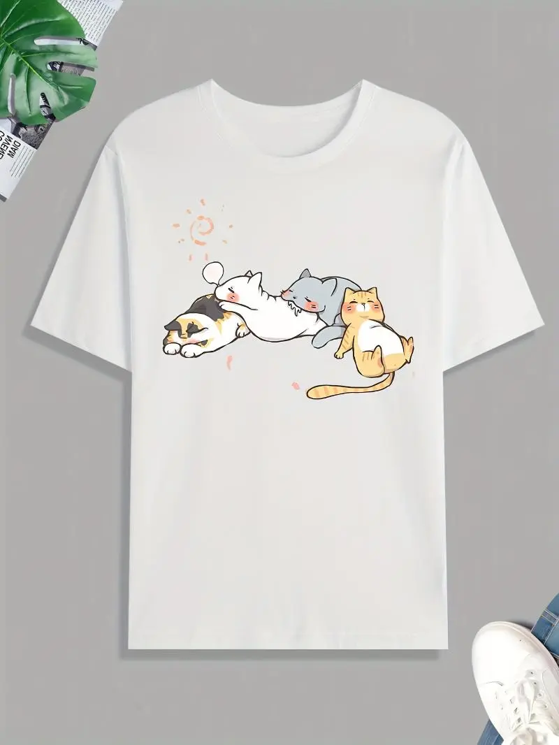 Cute Cats Napping Print tee Shirt, Tee For Men, Casual Short Sleeve T-shirt For Summer Spring Fall, Tops As Gifts graphic casual t-shirt havoc  garments marios family clothing retro halloween hoodie
