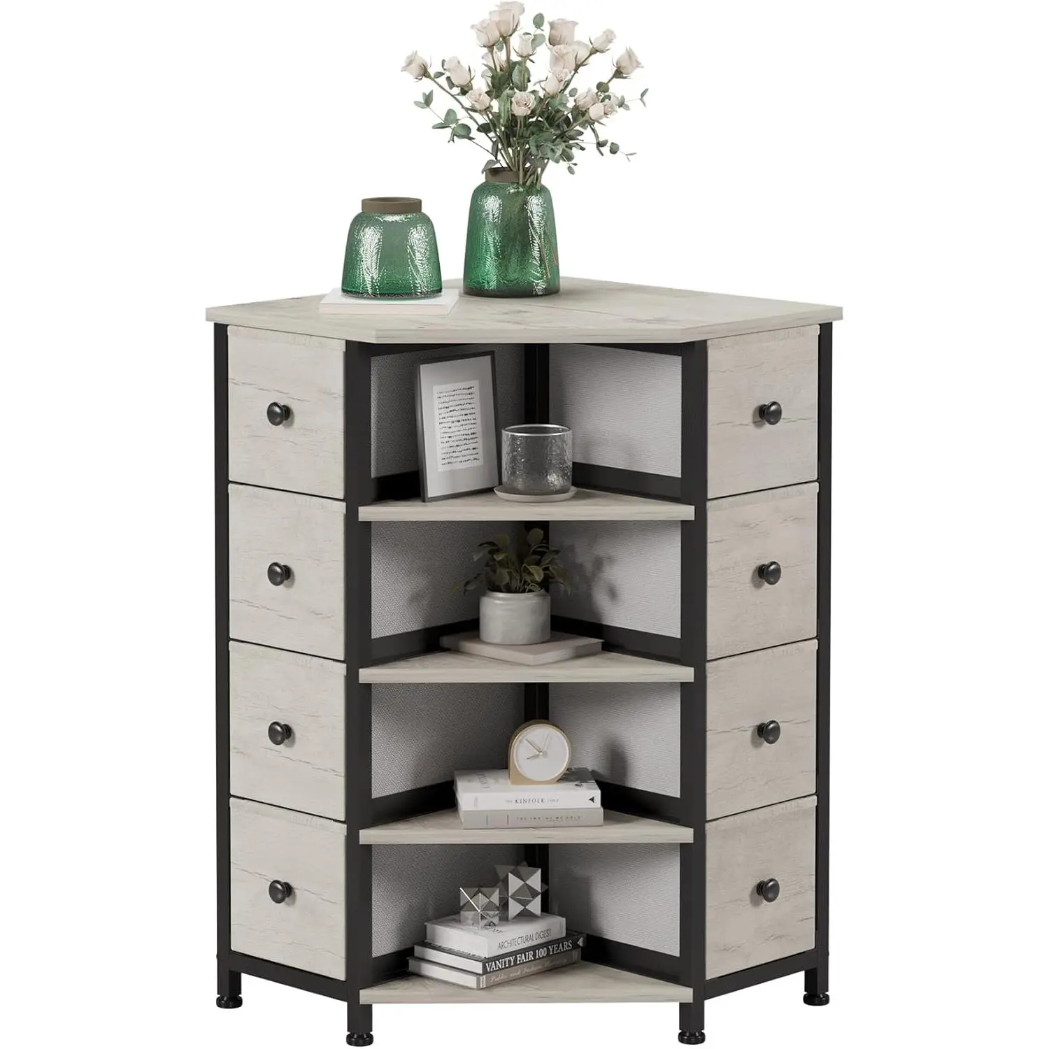 8 Drawers Corner Dresser with Storage Fabric Drawers and Open Shelves for Small Space,Bedroom,Entryway,Living Room (Greige)