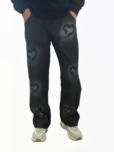 WIRDATRD Men's Heart Print Denim Jeans Trendy Streetwear Love Pattern Vintage Fashion Casual Menswear Outfit