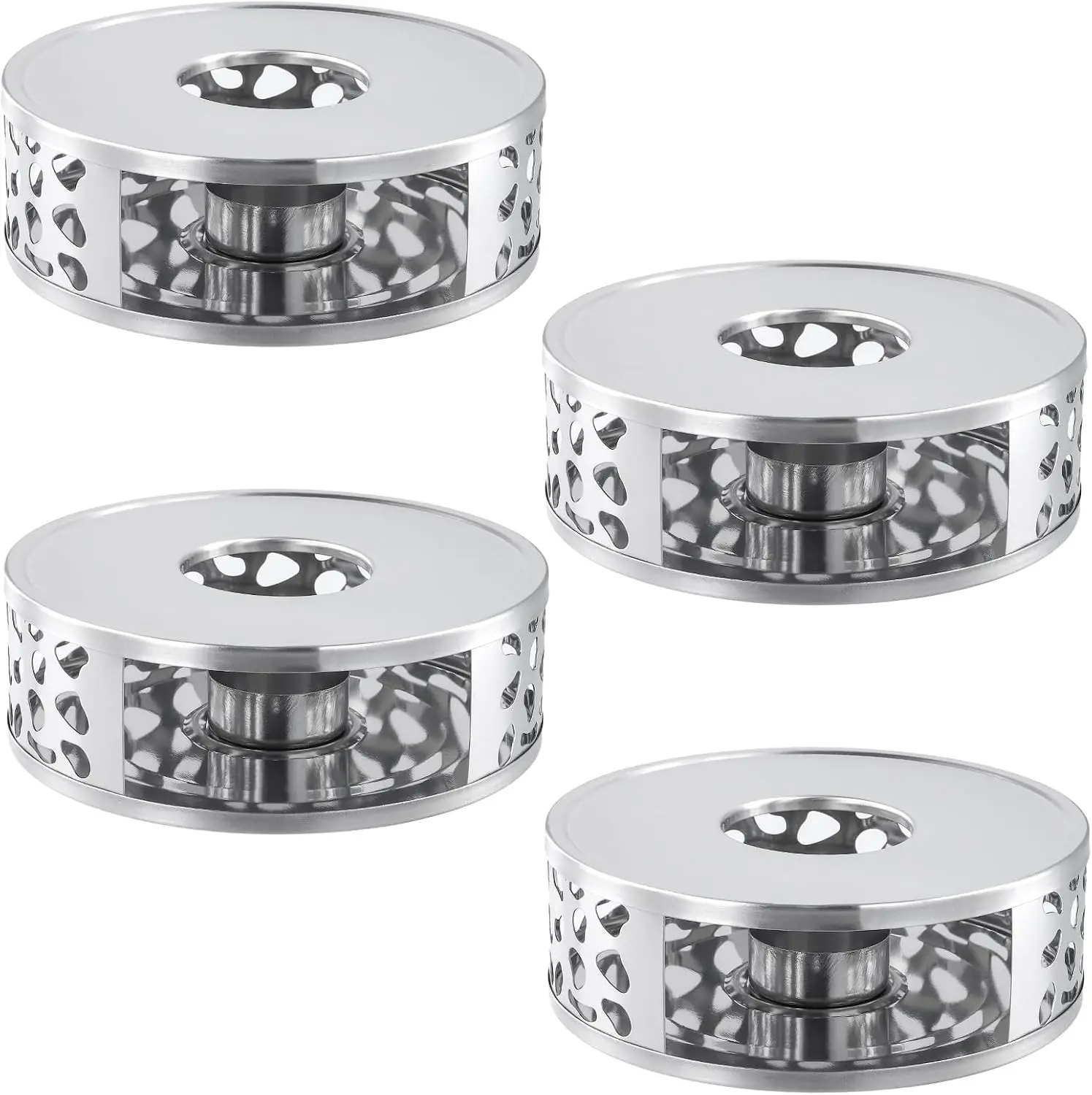 4 PCS Silver Individual Teapot Warmer Heater with Tealight Holder 430 Stainless Steel Tea Pot Warmer Base for Living Room and Meeting Room