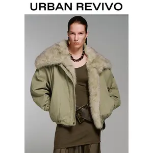URBAN REVIVO Women's Chic Style Faux Fur Large Collar Padded Long Sleeves Jacket - Warm Winter Statement Outerwear Clothes for Dress, UWJ150072