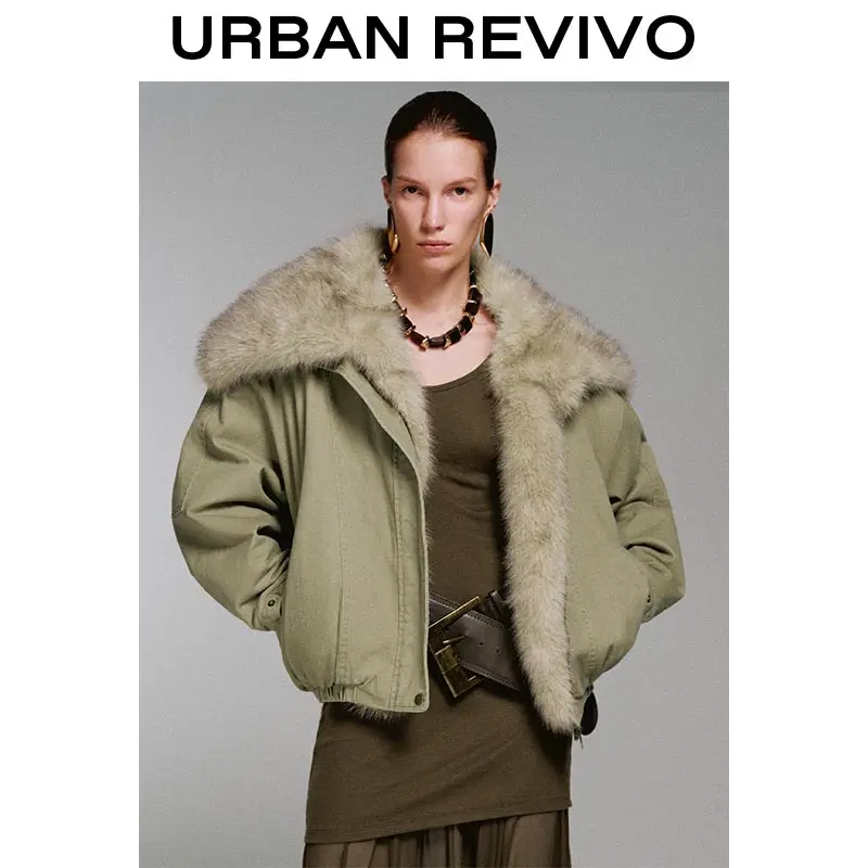 URBAN REVIVO Women's Lady Elegant Long-Sleeve Coat - Faux Fur Large Collar, Padded, Warm Winter Outerwear, 1-Piece Statement Layer for Dresses, Do Not Dry Clean, UWJ150072