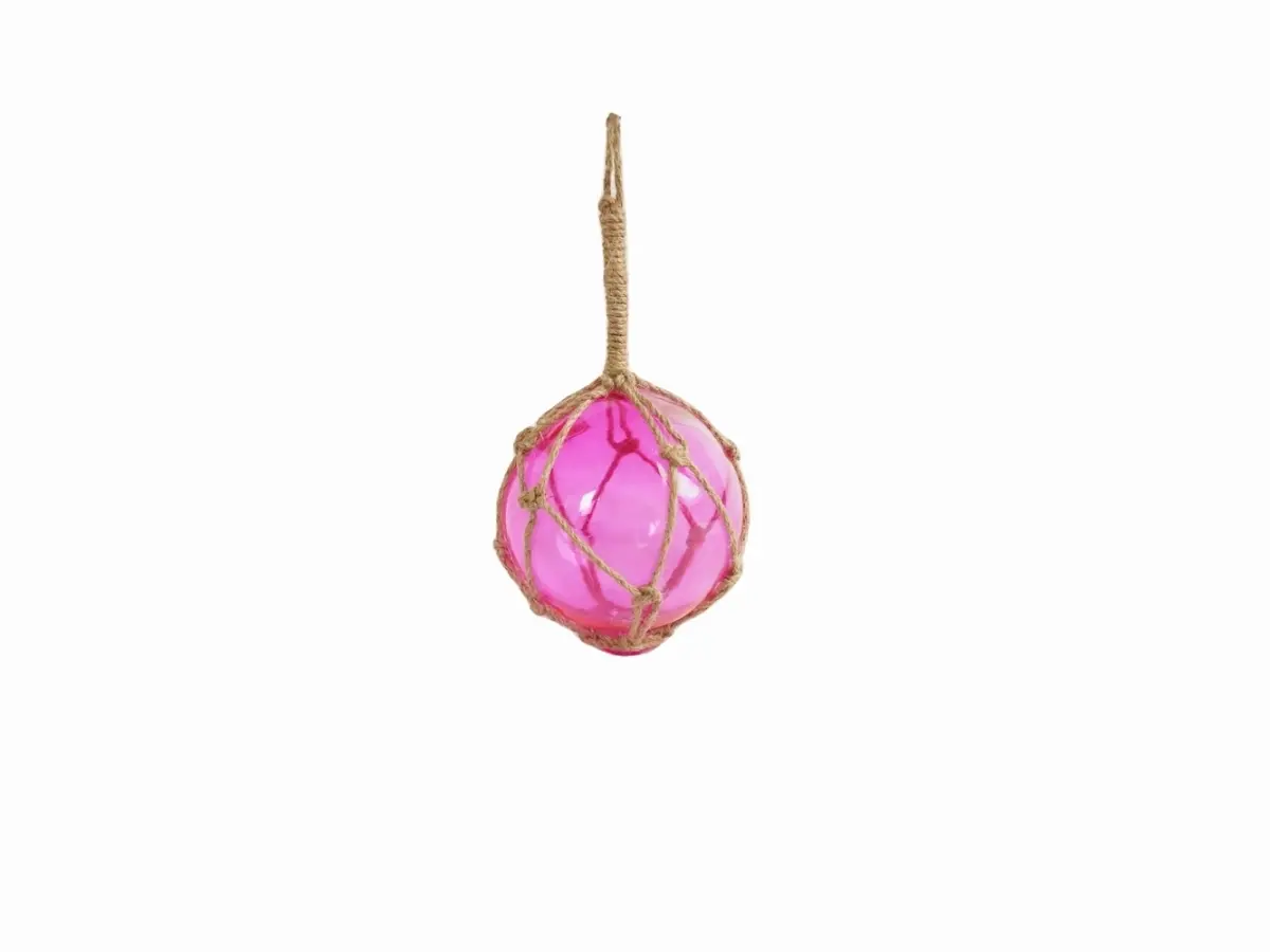 212 MAIN Hangable Nautical Japanese Glass Fishing Float - 8x4x4 inches Netted Pink Ball with Brown Netting, Handcrafted Ocean Inspired Design, Beach Style & Colorful Dreamy Hanging Decor for Lightplay
