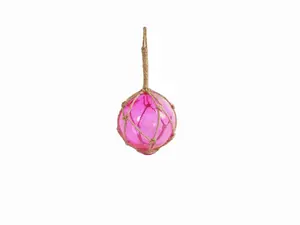 212 MAIN Hangable Nautical Japanese Glass Fishing Float - 8x4x4in Pink Ball with Brown Netting, Handcrafted Hanging Room Decor, Ocean Inspired Design Home Decor Ornaments, Interior Decoration Accessories for Lightplay
