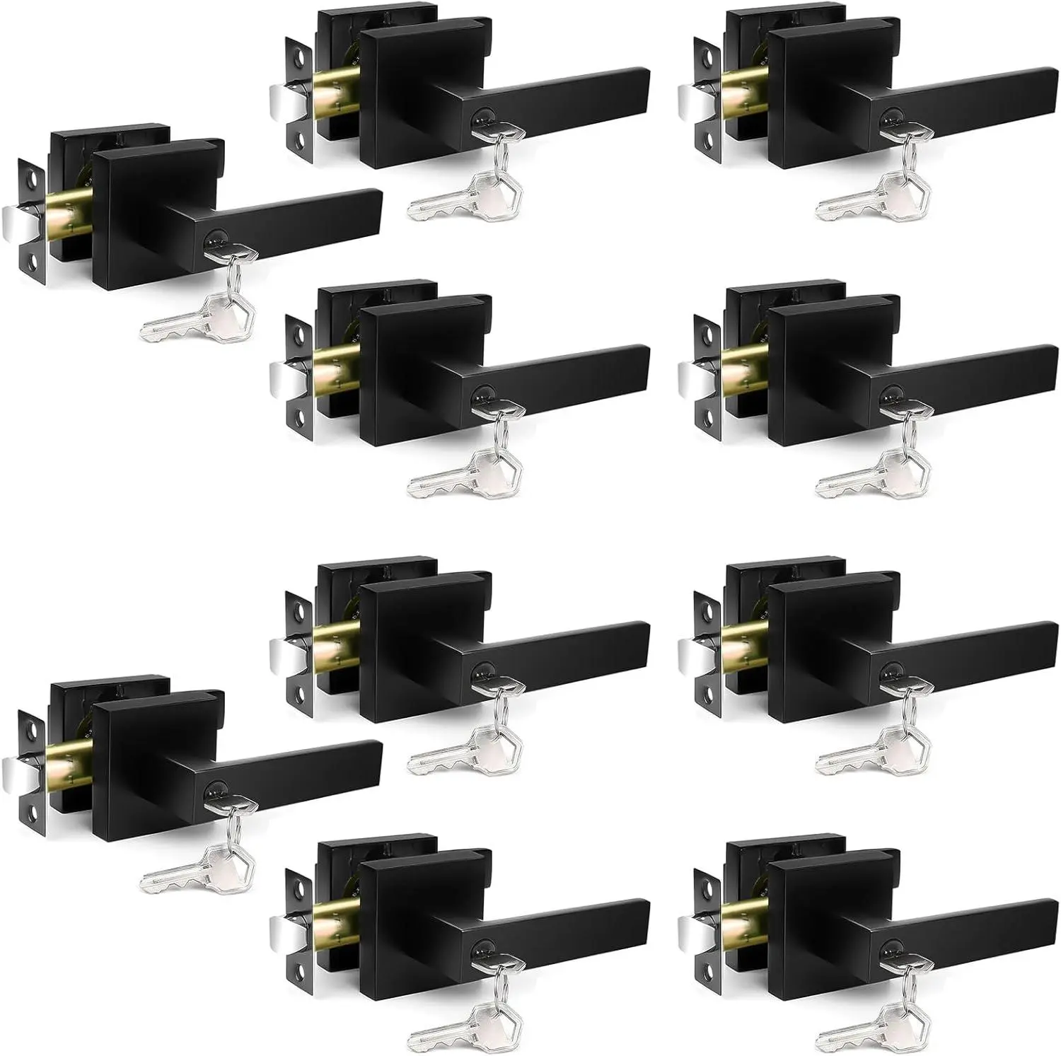 6/10PCS Door Handles Interior, Door Knobs Interior, Black Door Handle with Reversible Lever, Keyed Alike Door Lock Sets for Bedroom, 10 Packs Heavy Duty Door Lock Sets, Matte Black